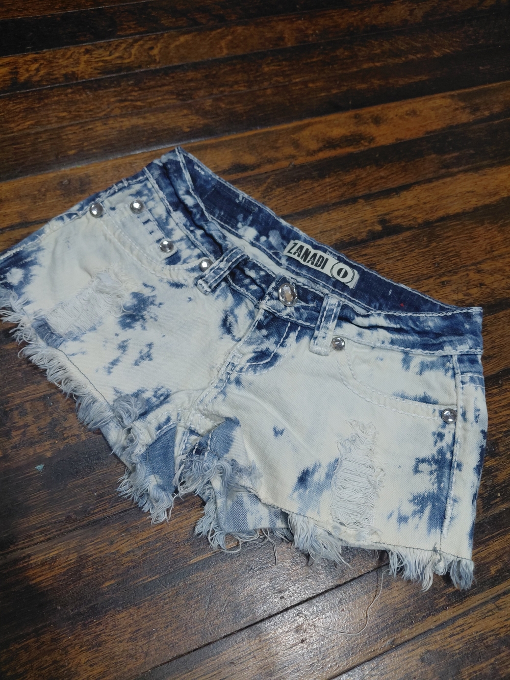 Zanadi White and Blue Tie-Dye Distressed Denim Shorts